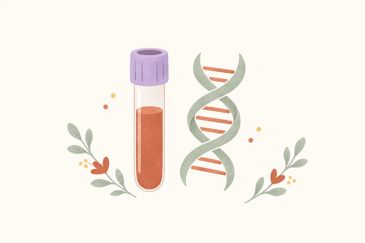 Kan alma tüpü ve yanında stilize bir DNA sarmalını gösteren yumuşak illüstrasyon