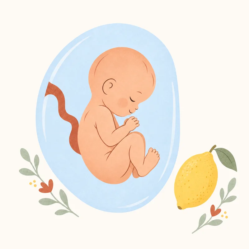 Gebeliğin 12. haftasında bebeğin gelişimini ve limon ile boyut karşılaştırmasını gösteren illüstrasyon