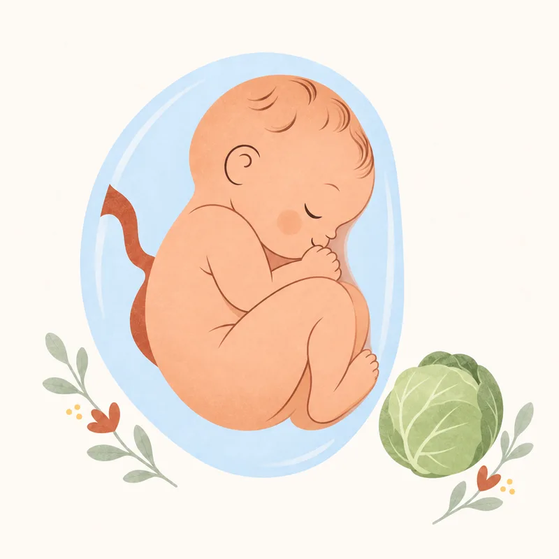 Gebeliğin 30. haftasında bebeğin gelişimini ve beyaz lahana ile boyut karşılaştırmasını gösteren illüstrasyon